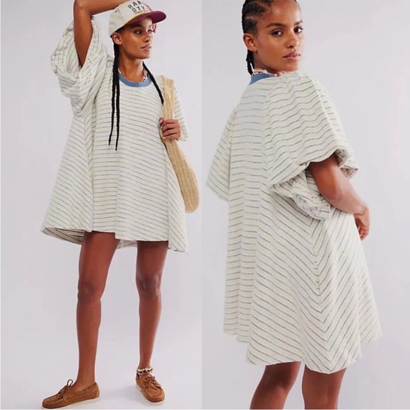 Free People Dresses & Skirts - Free People Cream Striped Mini Dress with Blue Trim
